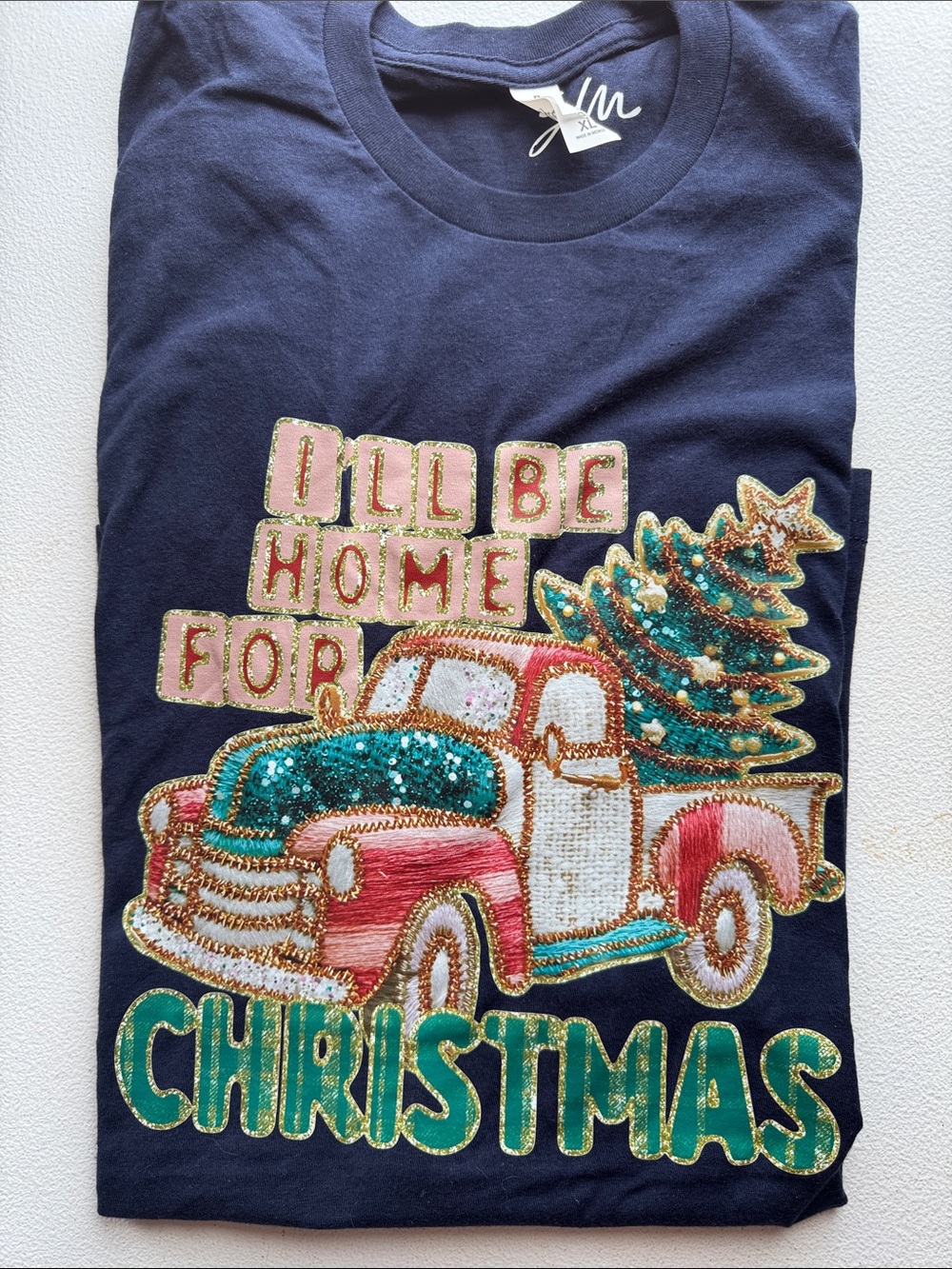Tultex Navy Sequin Embellished 'I'll Be Home for Christmas' Tee